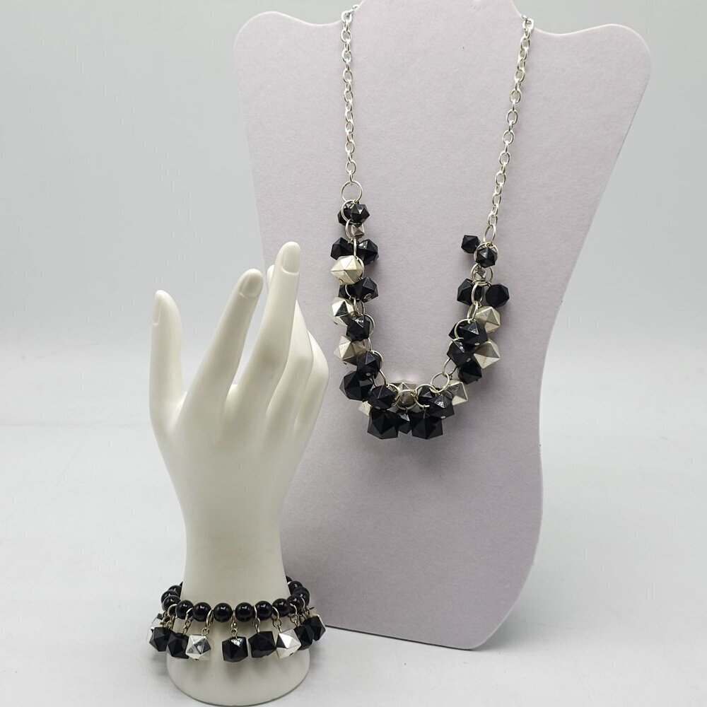 Vintage Black Silver Geometric Beaded Necklace Bracelet Set Adjustable Chain